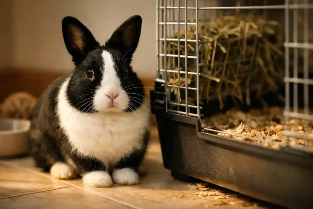 Aménagement intérieur d'une cage de lapin domestique